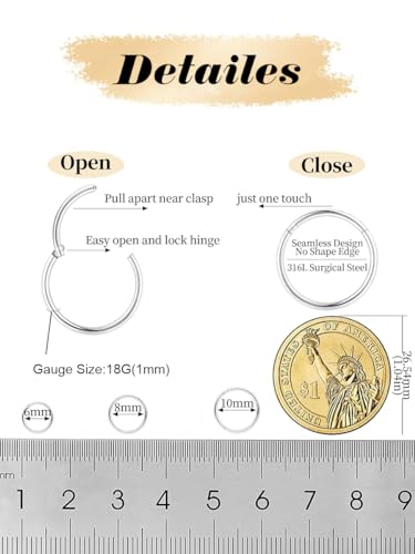 AMASIS Nose Rings and Nose Studs Set, Stainless Steel Hinged Nose Hoops and CZ Studs, Select Sizes and Styles for Nostril Septum Cartilage Piercing Jewelry - color: Silver, size: 3-Piece Hoops,18Gauge,6/8/10mm