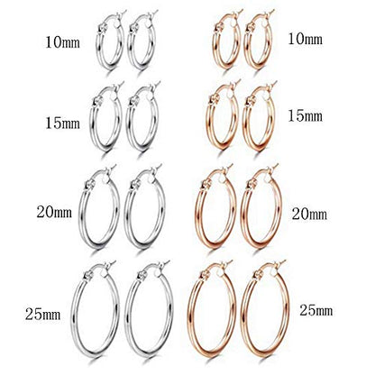 4 Pairs Stainless Steel Round Hoop Cute Huggie Earrings For Women Small Hoop Earring Set(10mm,15mm,20mm,25mm) - color: Rose Gold Tone-4Pairs,Silver Tone-4Pairs
