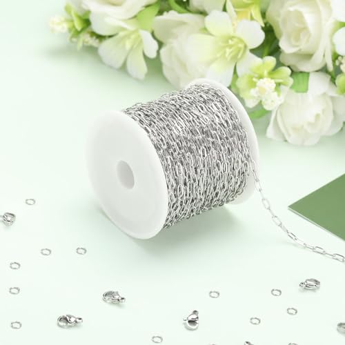 SMYHTGLIF 32.8 Feet Silver Cable Paperclip Jewelry Making Chains Bulk Roll | Stainless Steel Necklace Bracelet Chain with Lobster Clasps and Open Jump Rings for Jewelry Making - color: Silver, size: 2.5×5.3mm