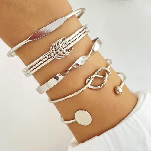 IFKM Gold Bangle Bracelets For Women, 14k Gold Plated Multi Layer Stackable Cuff Bracelet Set, Trendy Elegance Charms Non Tarnish Minimalist Textured Boho Jewelry Gift for Women - style: Multilayer opening silver