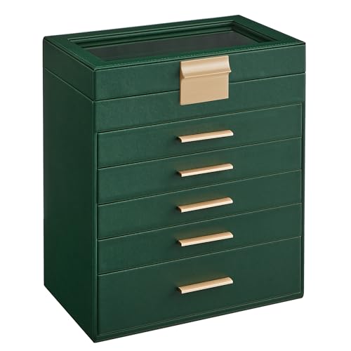 SONGMICS GISELLA Collection - Jewelry Box with Glass Lid, 6-Layer Jewelry Storage Organizer, 5 Drawers, for Sunglasses, Modern Style, Forest Green and Gold Colour UJBC171C01 - color: Forest Green + Gold, size: 6 Layer (6.4"d X 9.9"w)