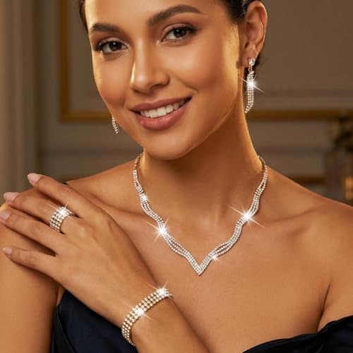 Rhinestone Bridal Wedding Jewelry Sets Black Necklace Earrings Bracelet Ring Set Prom Formal Costume Jewelry Set for Women and Brides - color: Gold