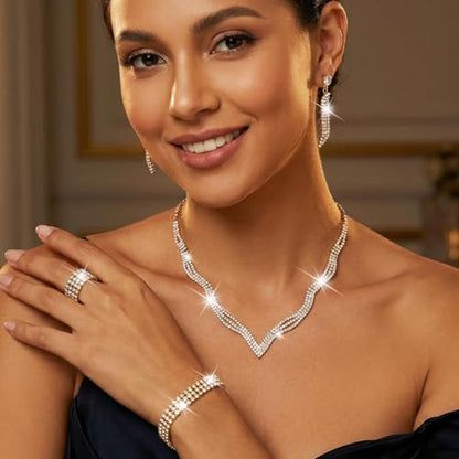 Rhinestone Bridal Wedding Jewelry Sets Black Necklace Earrings Bracelet Ring Set Prom Formal Costume Jewelry Set for Women and Brides - color: Gold