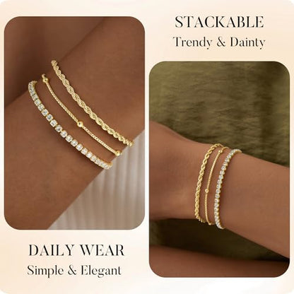 Turandoss Gold Bracelets for Women - Dainty 14K Gold Plated Tennis Bracelet | Stackable Cross Beaded Set, Twisted Rope Chain, Snake Paperclip Chain, Knot Cuff Bracelets for Women, Jewelry Gifts - color: Satellite Tennis Set