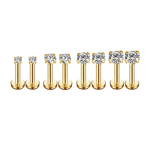 16g CZ Labret Cartilage Tragus Monroe Lip Nose Helix Diamond Studs Earrings for Women Men Stainless Steel Cubic Zirconia Piercing Jewelry 2mm 3mm 4mm 5mm 4 Pairs Set - style: gold