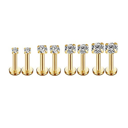 16g CZ Labret Cartilage Tragus Monroe Lip Nose Helix Diamond Studs Earrings for Women Men Stainless Steel Cubic Zirconia Piercing Jewelry 2mm 3mm 4mm 5mm 4 Pairs Set - style: gold