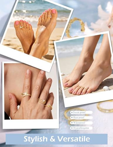 9Pcs 14K Gold Filled Toe Rings for Women Non Tarnish Waterproof Toe Ring Set Adjustable Dainty Simple CZ Open Band Toe Rings Beach Summer Foot Jewelry