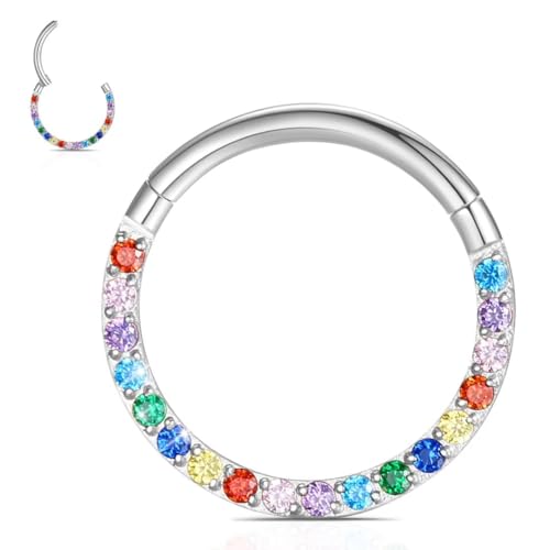 WBRWP 316L Stainless Steel Nose Hoop Rings Clicker with Zircon/Opal 14g-20g | Hypoallergenic Nose Rings Segment Clicker Lip Rings Cartilage Rook Conch Earrings Diameter 5mm-10mm - color: Flat silver ring with colorful zircon-1pc pack
