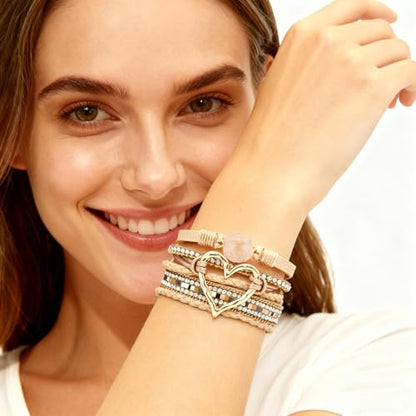 Leather Wrap Bracelets for Women, Boho Leopard Multi-Layer Crystal Beads Cuff Jewelry - color: J-Warp-015