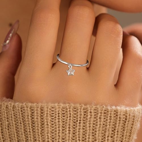 XAYAH Graduation Gifts 925 Sterling Silver Dainty Star Dangle Promise Ring for Women CZ Crystal Dangling Charm Stacking Ring Statement Engagement Rings Wedding Band Minimalist Birthday Jewelry Gifts - size: 6