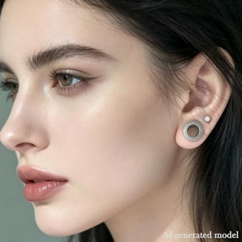 14G-00G Double Flare Screw On Gauges Tunnels Plugs Stretching Set Kit 316L Surgical Steel Gauges Tunnel Plug for Ears Size 16G 12G 10G 8G 6G 4G 2G 0G 00G Women Men - color: Silver Tone-14G-00G