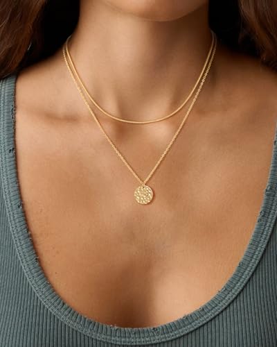 Layered Necklaces for Women 14K Gold Plated Stack Circle Pendant Trendy Long Chain Stackable Handmade Coin Necklace Set Dainty Gold Stacked Jewelry Gifts - color: Gold-2