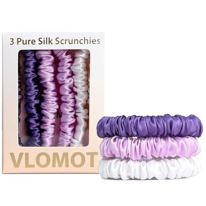 VLOMOT 3 Pcs Set 100% Pure Mulberry Silk Hair Scrunchies (Purple) | Silk Hair Ties for Thin Hair with 3 Chic Colors Everyday Skinny Scrunchies Silk Ponytail Holders Hair Care No Damage - color: Purple