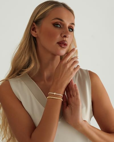 14K Gold Plated Bracelets for Women Dainty Tennis Initial Bracelet Trendy Beaded Stackable Charm Bracelets Layered Waterproof Bracelet Dainty Bracelet for Women Jewelry Gifts - style: I