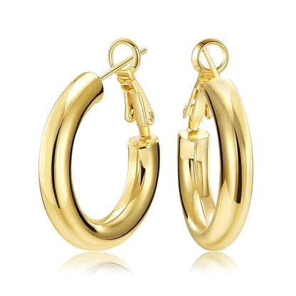 SHOWNII Chunky Gold Hoop Earrings - 14K Gold Plated Earrings for Women Hollow Tube Lightweight Thick Hoops 20/25/30/40mm Valentines Graduation Mother's Day Birthday Gifts - color: 20 Millimeters-Gold Plated
