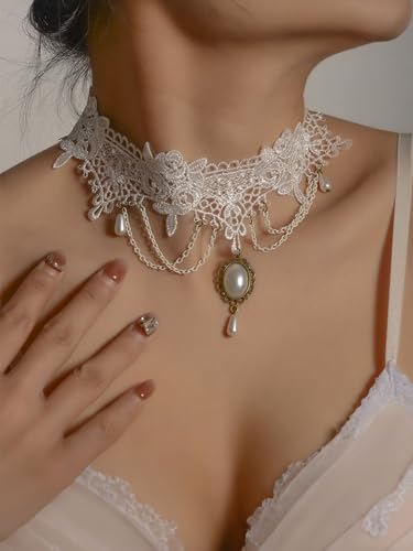Lace Choker Necklace for Women Tassel Pendant Choker Necklaces Elegant Boho Collar Necklaces Statement Artistic Chain Necklace with Pearl Halloween Party Cosplay Costume Jewelry - color: White Lace-2