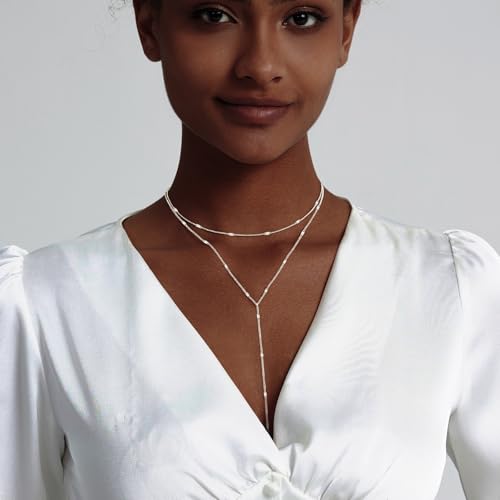 LULII Lariat Gold Necklace for Women Trendy Dainty 14k Gold Plated/Silver Layered Chain Drop Necklaces Y-Shaped Necklace Jewelry for Women Gifts - color: Y Layered necklace-Silver