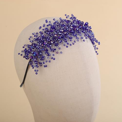 Rhinestones Beads Hair Crown for Wedding Brides Women Tiara Jewelry Handmade Sparkle Hair Piece - color: Blue