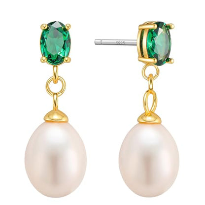 Pearl Drop Earrings Cubic Zirconia Stone Pearl Stud Earrings for Prom, Bridesmaids, Birthday Women Jewelry - color: Green CZ Stone