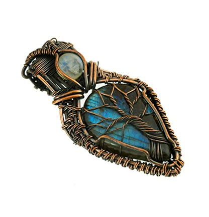 Tree of Life Labradorite & Rainbow Moonstone Gemstone Pendant - Copper Wire Wrapped Jewelry - 20" Natural Labradorite Necklace | Gifts for Women