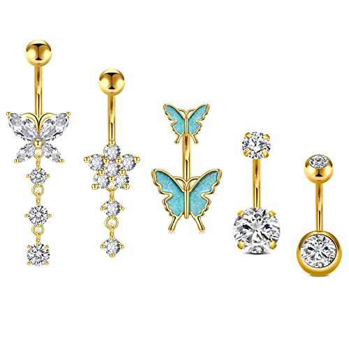 Incaton 14G Belly Button Rings, Stainless Steel Diamond Belly Rings For Women, Dangle Belly Button Rings With Butterfly, 6mm Short & 10mm Bar Navel Piercings - color: Gold 10mm
