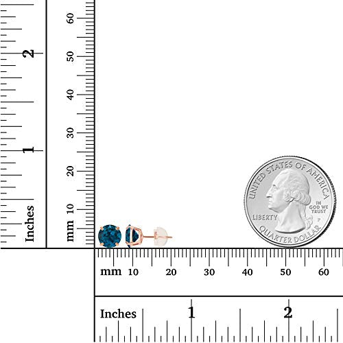 Solid 14K Yellow or White or Rose Gold 6mm Round Genuine Birthstone Gemstone Prong Set Stud Earrings For Women - color: Blue Topaz-London Blue Topaz