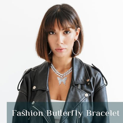 3 Pcs Butterfly Cuban Jewelry Set Cuban Link Chain Necklace for Women Rhinestone Pendant Necklace Bracelet Large Hoop - color: Silver, style: Classic