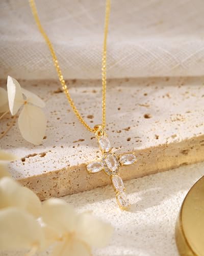 Cross Necklace for Women, 14K Gold Plated Cubic Zirconia Cross Pendant Necklace, Trendy Christian Jewelry Gifts for Baptism First Communion Christmas - color: Style B - Gold