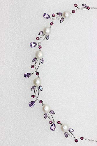 Faship Genuine 10mm Freshwater Pearls Floral Necklace Earrings Set | Premium CZ Crystal, Gorgeous, Sparkling - color: Purple