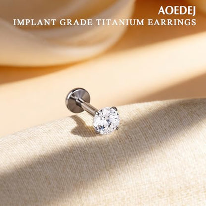 AOEDEJ 20/18/16G Titanium Internally Threaded Flat Back Stud Earrings 3/4/5mm Stars Square CZ Nose Lip Medusa Monroe Labret Piercing Jewelry for Cartilage Conch Tragus Helix Ear Studs - style: 20G-Round