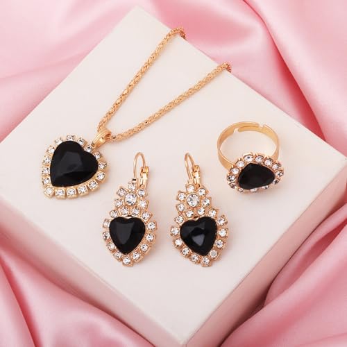 4 Pcs Heart Jewelry Set for Women fashion Cubic Zirconia Pendant Necklace Bracelet Earrings Dainty Open Ring Charm Prom Party, Birthday Valentines Mothers Day Christmas Jewelry Gift - style: Black