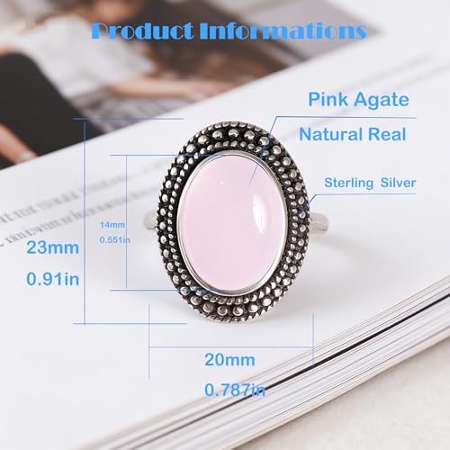 Retro Sterling Silver Stone Ring,Antique Natural Real Oval Crystal Quartz Gemstone Boho Bohemian Ring Jewelry for Women - color: A19_Pink Agate