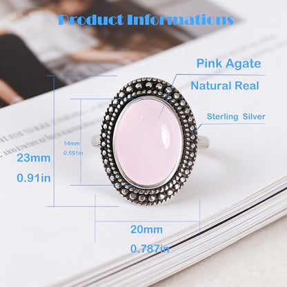 Retro Sterling Silver Stone Ring,Antique Natural Real Oval Crystal Quartz Gemstone Boho Bohemian Ring Jewelry for Women - color: A19_Pink Agate