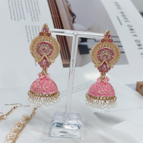 Indian Earrings for Women Vintage Bollywood Jhumka Chandelier Drop Wedding Dangle Earrings with Hair Chain Boho Ethnic Bridal Jewelry Fancy Jhumkis Diwali Karva Chauth Festival Accessories Party Wear