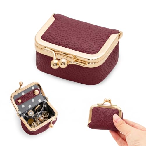 Genuine Leather Mini Jewelry Box Portable Vintage-Inspired Leather Small Coin Purse Jewelry Organizer Case Mini Travel Ring Box with Kiss Lock for Women Earring Ring Necklace - color: Red