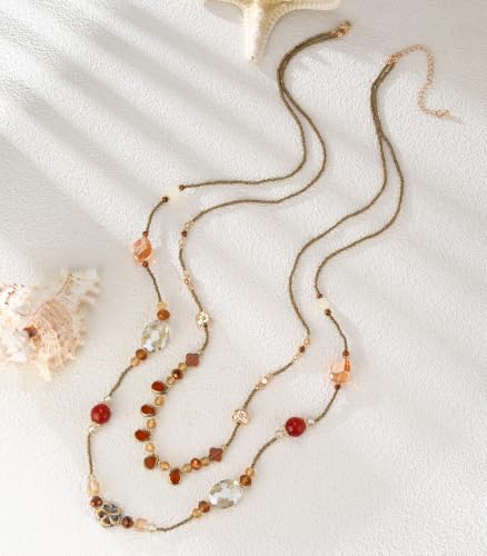 FULU AUTUMN Long Layered Beaded Necklaces for Women Statement Double Bead Strand Ceramic Flower Boho Jewelry Gifts for Mom - color: Brown