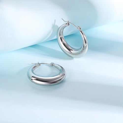 316L Chunky Stainless Steel Hoop Earrings, Fashionable Lightweight Hollow Open Hoops, Hypoallergenic Whtie Gold Plated Pipe Earrings for Women - style: 50mm, White Gold