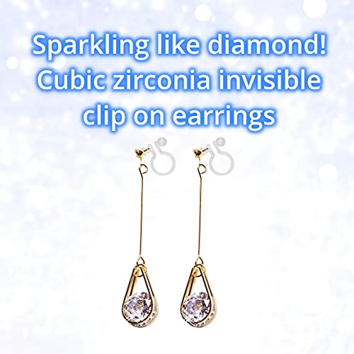 Drop Cubic Zirconia Invisible Clip On Earrings for Women Not Pierced Gold Teardrop Sqaure CZ Crystal Dangle Gold Silver Comfortable Clip On Earrings Bridal Wedding Prom - color: Teardrop 1 Gold