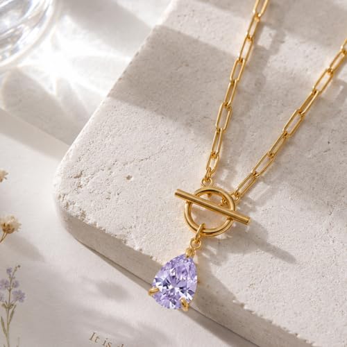 Teardrop CZ Pendant Paperclip Chain Necklace 18K Plated Paperclip Toggle Necklace Jewelry Birthstone Gift for Women - color: Alexandrite-June