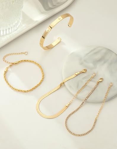 Gold Bracelets for Women 14K Gold Plated Stack Trend Bracelets Charm Paperclip Chain Cuban Link Layered Waterproof Bracelet Dainty Bracelet for Women Jewelry Gifts - color: Gold