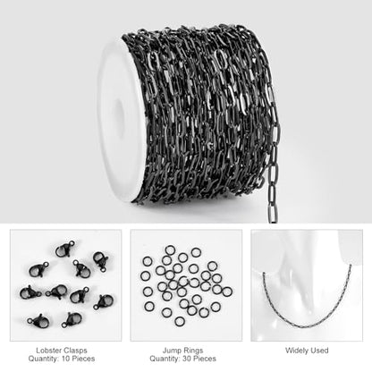 5 Meters Stainless Steel Chain for Jewelry Making Small Paperclip Links | Black Paper Clip Chains Bulk on Roll with Jewelry Connectors for Necklace Bracelet Crafts DIY - color: black paperclip