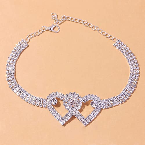 Fesciory Heart Rhinestone Ankle Bracelets for Women, Adjustable Silver Plated Shiny Tennis Anklets, Twinkle Cubic Zircon Imitation Diamond Anklet Foot Chain Jewelry Gifts - color: Double Heart