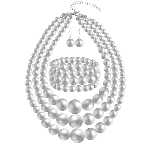 KOSMOS-LI Women's 3 Layer Simulated Pearl Statement 18" Necklace Bracelet and Earrings Jewelry Set Stocking Stuffers - color: silver