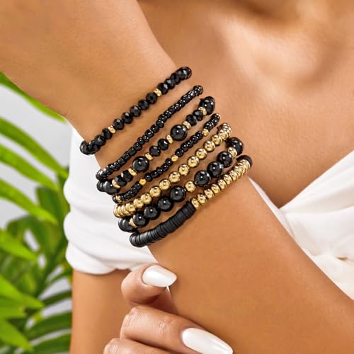 FORUBUS 7Pcs Bohemian Multilayer Stackable Beaded Bracelets Set for Women, Crystal Glass Gold CCB Beads Stretch Bracelet Pack, Summer Beach Boho Jewelry Vacation Gifts - color: Black