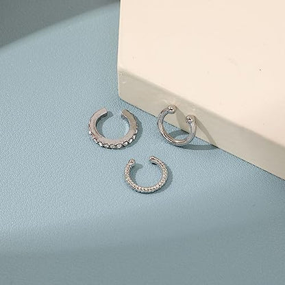 3Pcs Ear Cuffs Non Piercings for Women, Trendy Cubic Zirconia Gold Silver Clip On Cuff Earrings Set Jewelry Dainty Fake Cartilage Earring - color: Silver