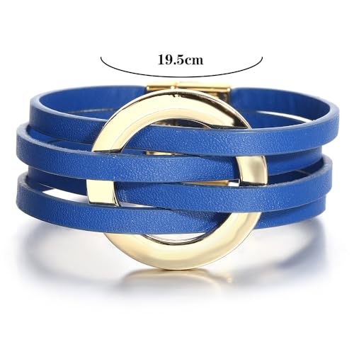 hotoo Circle Charm Bracelets for Women Handmade Leather Wrap Bracelets for Couples Friendship Bracelet Bohemian Cuff Bangle Boho Jewelry Gift - color: New Blue