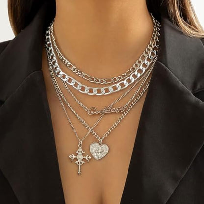 Chunky Gold Necklace Stack Layered Gold Necklaces for Women Non Tarnish Silver Statement Necklace Paperclip Chain Necklace Set Layering Big Heart Coin Cross Necklace Chunky Jewelry - style: 3 - silver with cross