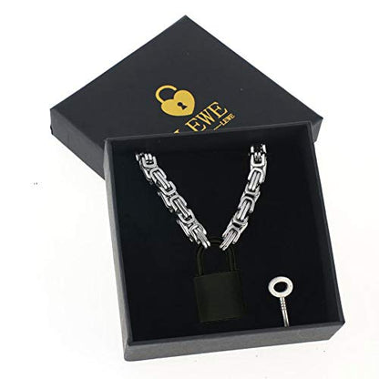 Heart Padlock Collar Stainless Steel Lock Necklace Byzantine Chain Necklace Locking Collar Choker for Men Women Jewelry - style: D