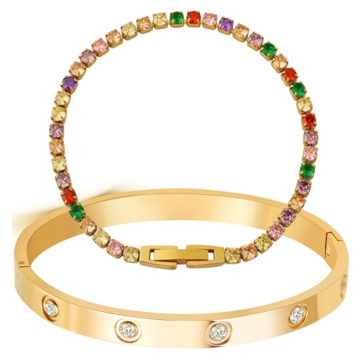 A D. ALLEN & DANMI. 18 K Gold Plated Love Bangle Bracelet Set Flexible Wide Wristband Bangle Bangle Set for Love - color: 2 Sests (Colored Stone)