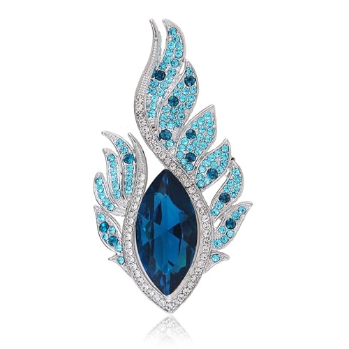 Rhinestone Feather Brooches for Women Men,Vintage Animal Peacock Pin Gold/Silver/Blue/ Crystal Diamond Lapel Pins Fashion Enamel Feather Leaf Brooch Elegant Dress Coat Pin Decor Wedding Christmas Birthday Jewelry - color: Blue1